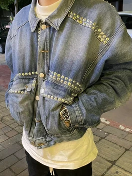 Нишевый дизайн Rose Men's Sense Willow Nail, застиранная старая куртка с лацканами, популярная молодежная джинсовая повседневная свободная версия куртки Tide