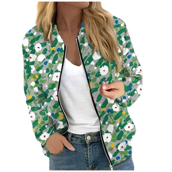 Women's Fashionable Casual Long Sleeve Floral/Leaf Print Round Neck Zipper Jacket куртки осенние женские chaqueta mujer пальто