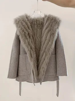 Новое высококачественное двустороннее кашемировое пальто ручной работы, женская теплая куртка с капюшоном и съемной подкладкой из лисьего меха, модная осенне-зимняя куртка