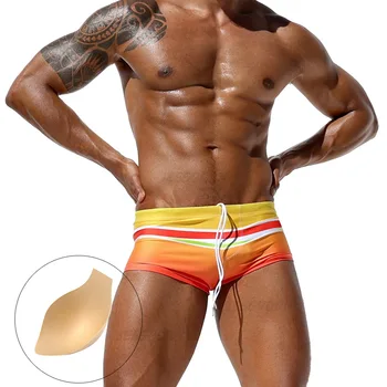 Плоские плавки для мужчин в радужную полоску, модные пляжные шорты-боксеры для плавания с мягкой подкладкой-усилителем